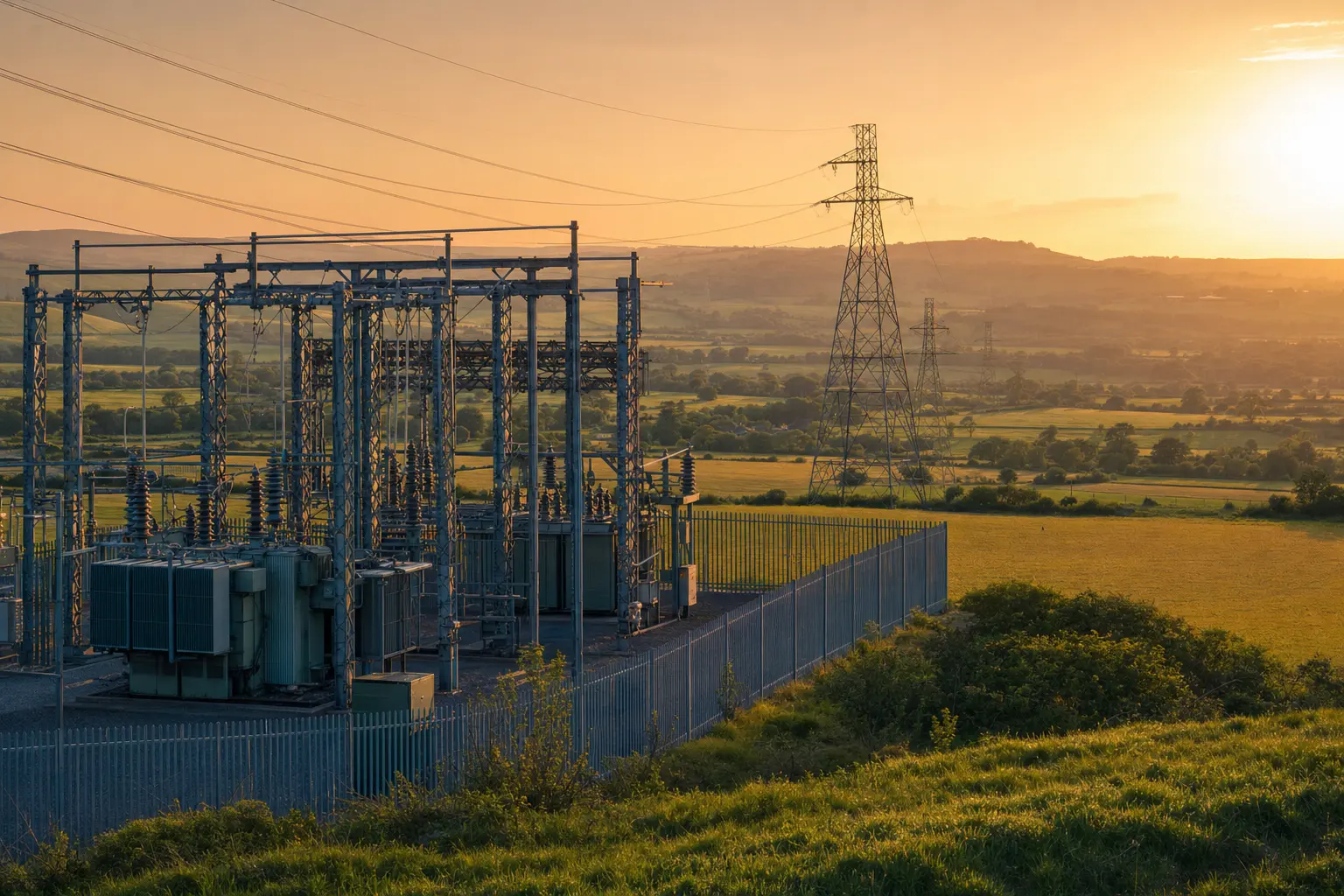 Rural UK electricity substation and transmission lines at the edge of farmland