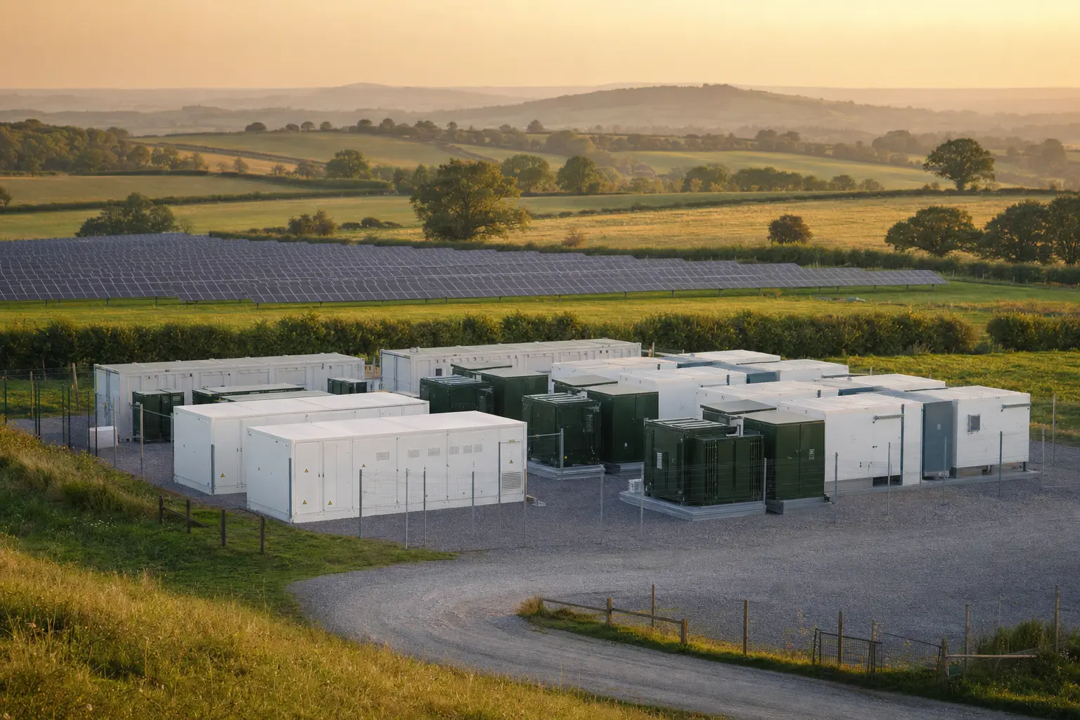 Co-located solar farm and battery storage compound in UK countryside